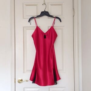 NWOT. Victoria's Secret Red Satin with Tie/Black Tassel & Sheer Bottom Nightgown